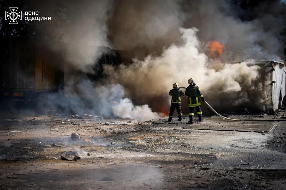 Firefighters work at the site of a Russian missile strike, amid Russia's attack on Ukraine, in Odesa region, Ukraine August 26, 2024. 