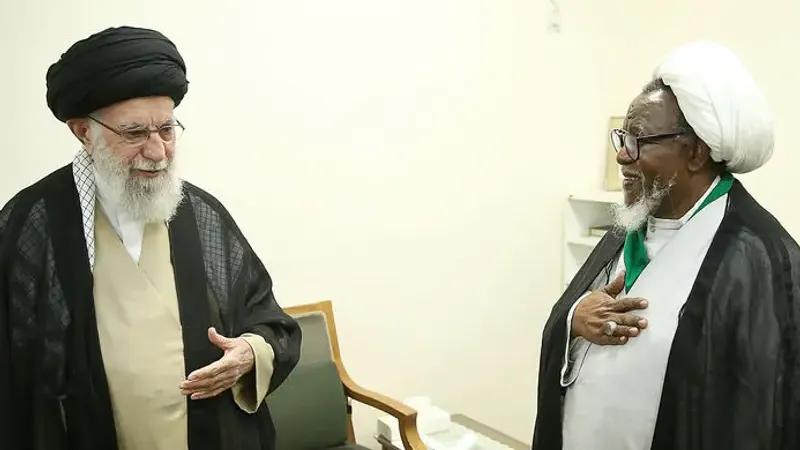 Iran’s ruler Ali Khamenei (left) in a meeting with Nigeria's Shiite leader Sheik Ibrahim Yaqoub El Zakzaky in Tehran on October 14, 2023